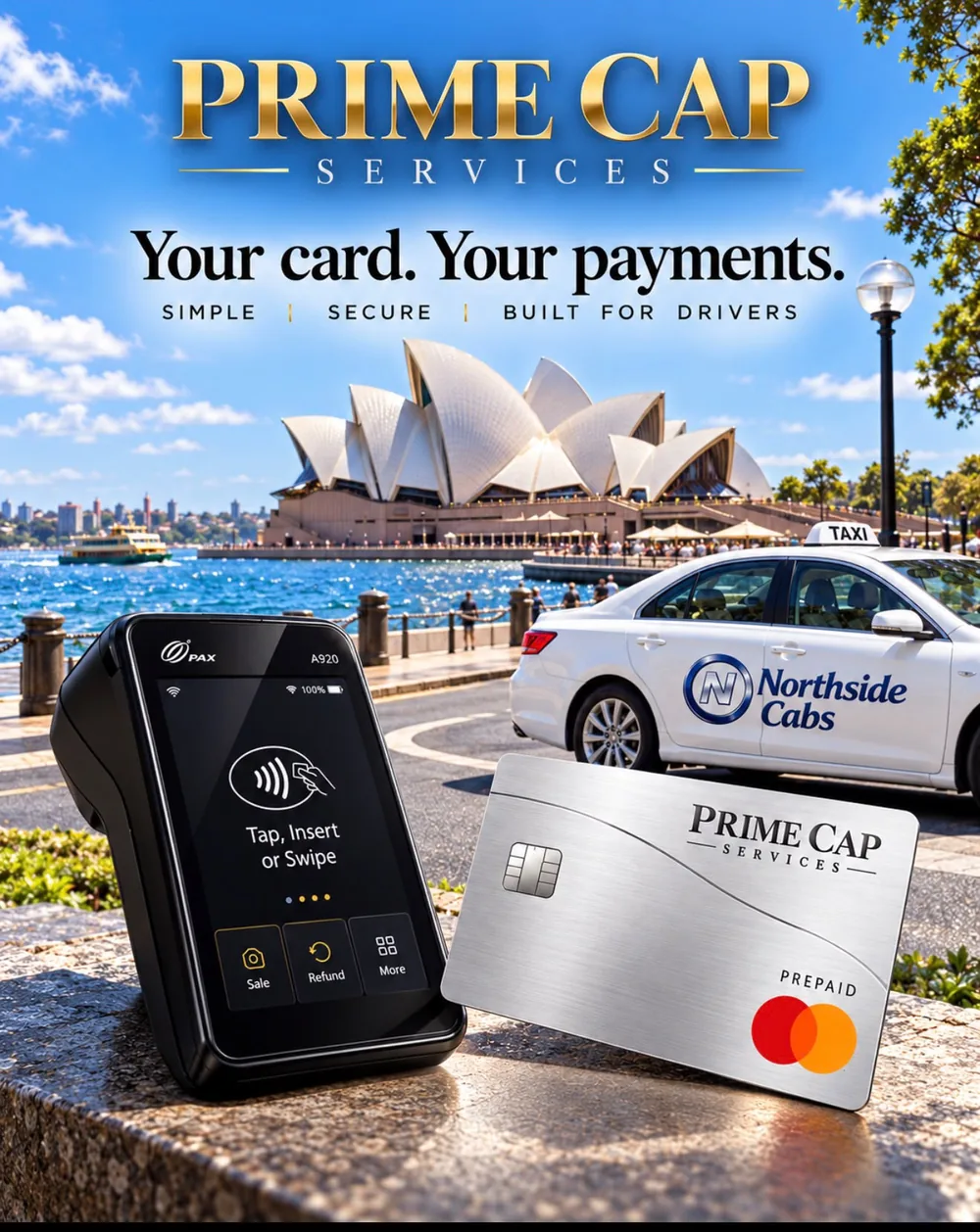 Prime Cap PAX terminal and prepaid Mastercard driver card beside a Northside Cabs taxi