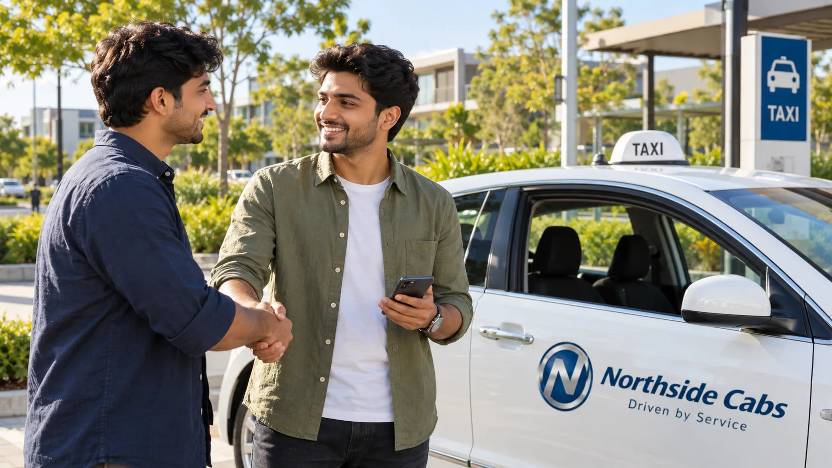 Two taxi drivers shaking hands beside a Northside Cabs taxi